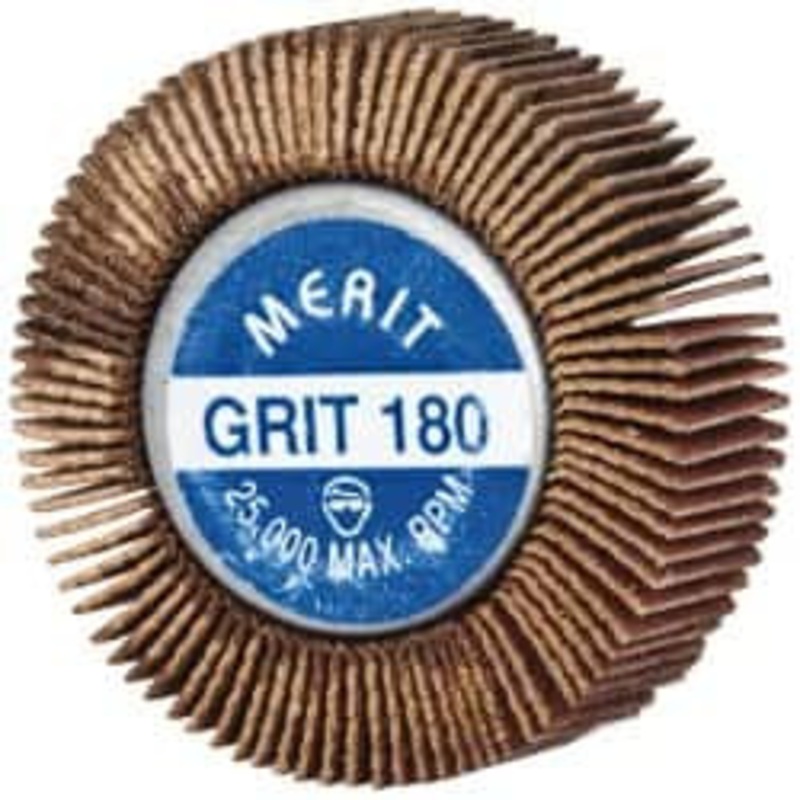 Merit Abrasives 1-5/8 Diam x 1/2 Face Width, Very Fine Ceramic Alumina Coated Mounted Flap Wheel 1/4-20 Threaded Mount, 180 Grit, Cloth Backing, 25,000 Max RPM 08834132011 – 00542738