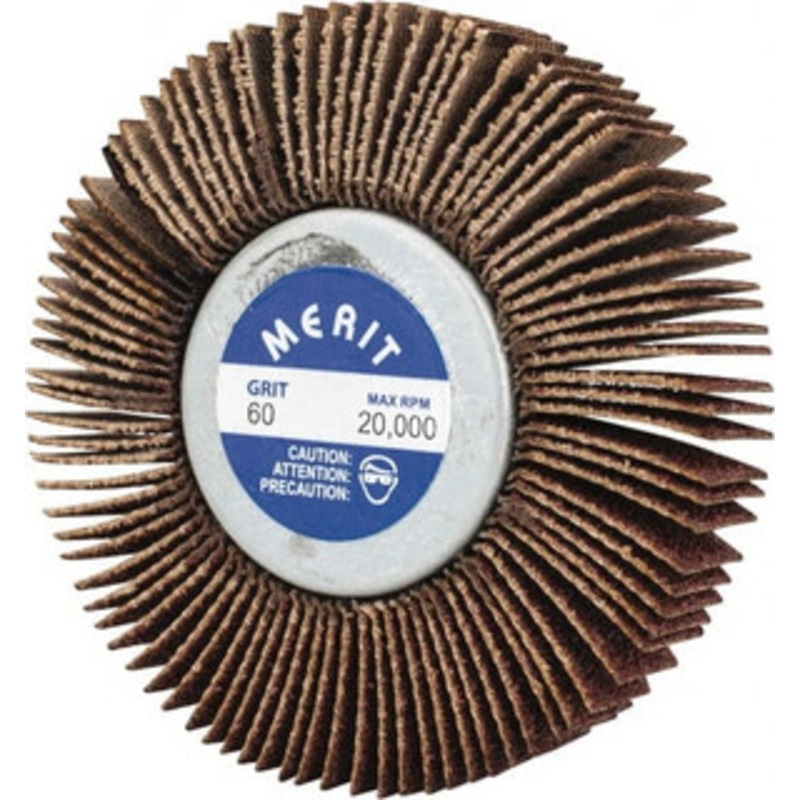 Merit Abrasives 2-1/2 Diam x 1/2 Face Width, Medium Aluminum Oxide Coated Mounted Flap Wheel 1/4-20 Threaded Mount, 60 Grit, Cloth Backing, 20,000 Max RPM 08834134015 – 72372303