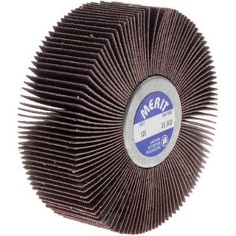 Merit Abrasives 3 Diam x 1 Face Width, Fine Ceramic Alumina Coated Mounted Flap Wheel 1/4-20 Threaded Mount, 120 Grit, Cloth Backing, 20,000 Max RPM 08834135017 – 00542886