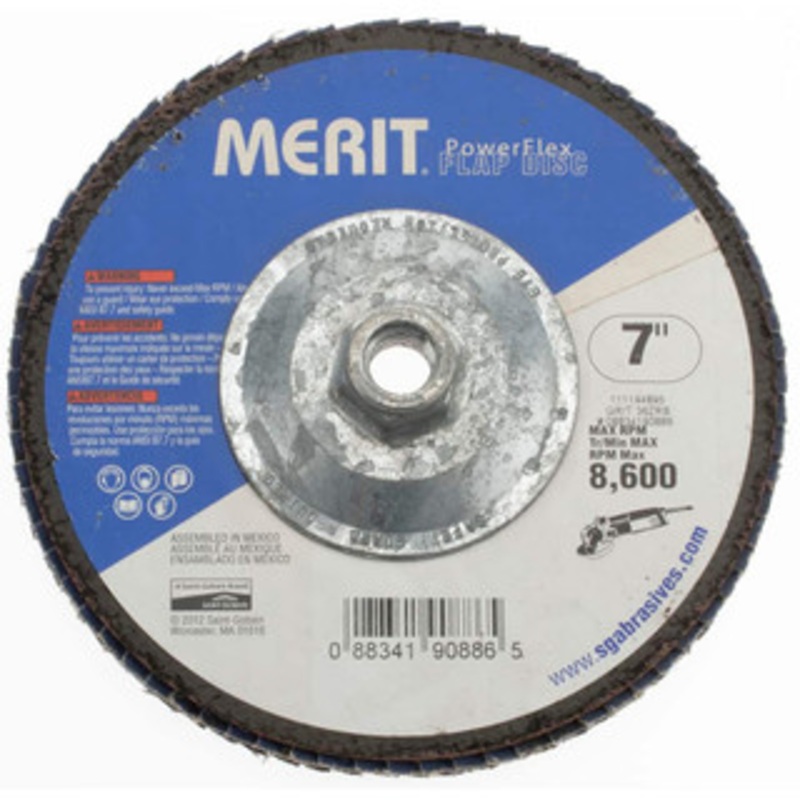 Merit Abrasives 7 36 Grit 5/8-11 Center Hole Type 27 Zirconia Alumina Flap Disc Very Coarse Grade, Coated, Arbor Attachment, Fiberglass Backing, 8,600 RPM 08834190886 – 08553471