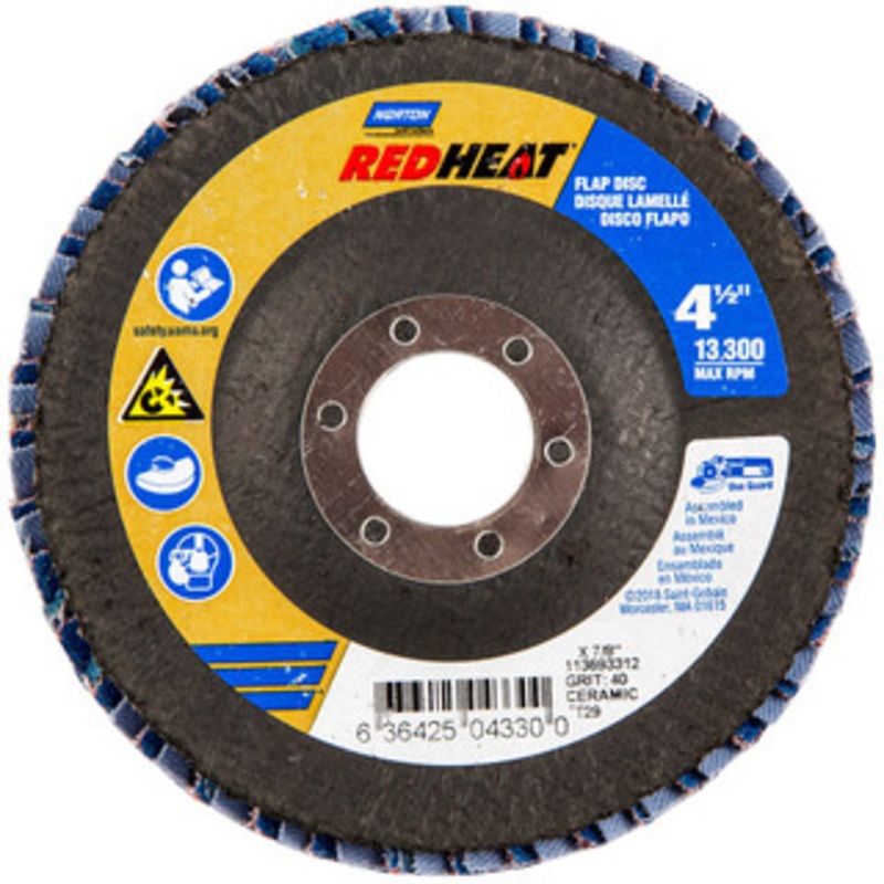 Norton 4-1/2 40 Grit 7/8 Center Hole Type 29 Ceramic Flap Disc Coarse Grade, Coated, Arbor Attachment, Fiberglass Backing, 13,000 RPM 63642504330 – 82427642
