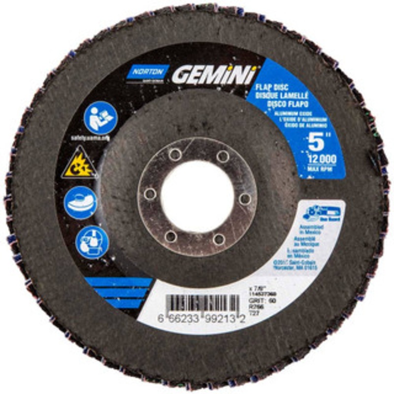 Norton 5 60 Grit 7/8 Center Hole Type 27 Ceramic Alumina Flap Disc Medium Grade, Coated, Arbor Attachment, Polyester Backing, 12,000 RPM 66623399213 – 56275266
