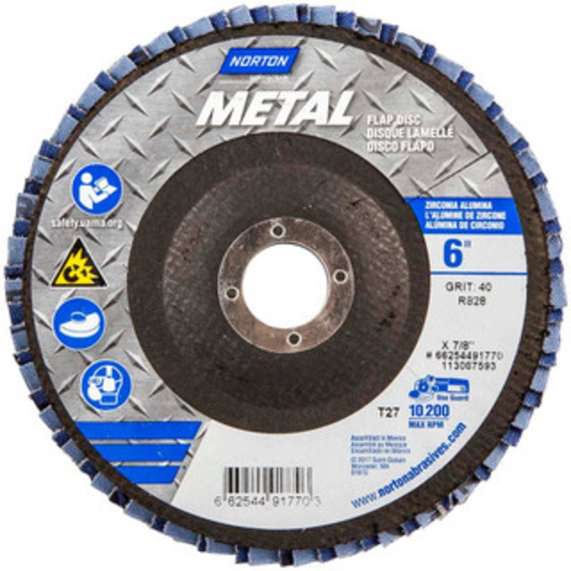 Norton 6 40 Grit 7/8 Center Hole Type 27 Zirconia Alumina Flap Disc Coarse Grade, Coated, Arbor Attachment, Fiberglass Backing, 10,200 RPM 66254491770 – 41635863