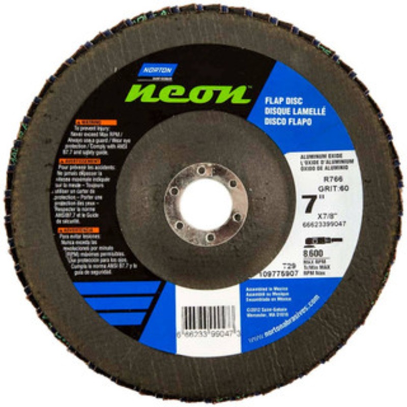 Norton 7 120 Grit 7/8 Center Hole Type 29 Ceramic Alumina Flap Disc Fine Grade, Coated, Arbor Attachment, Polyester Backing, 8,600 RPM 66623399188 – 30189518