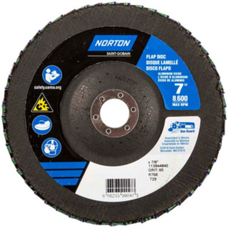 Norton 7 60 Grit 7/8 Center Hole Type 29 Ceramic Alumina Flap Disc Medium Grade, Coated, Arbor Attachment, Polyester Backing, 8,600 RPM 66623399047 – 30189641