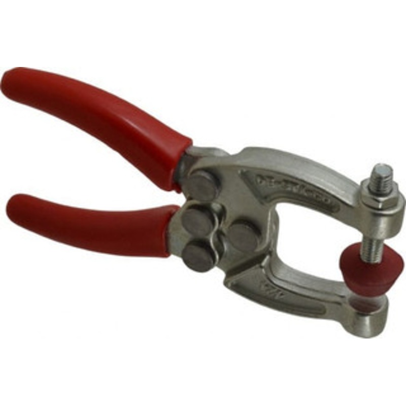 Destaco 889.64 N Load Capacity, 1.08 Throat Depth, 4.63 OAL, Carbon Steel, C Style Plier Clamp 2.06 Max Jaw Capacity, M6x1 Spindle, 2.06 Open Throat Height, Red Handle, Spindle End 424 – 06996607