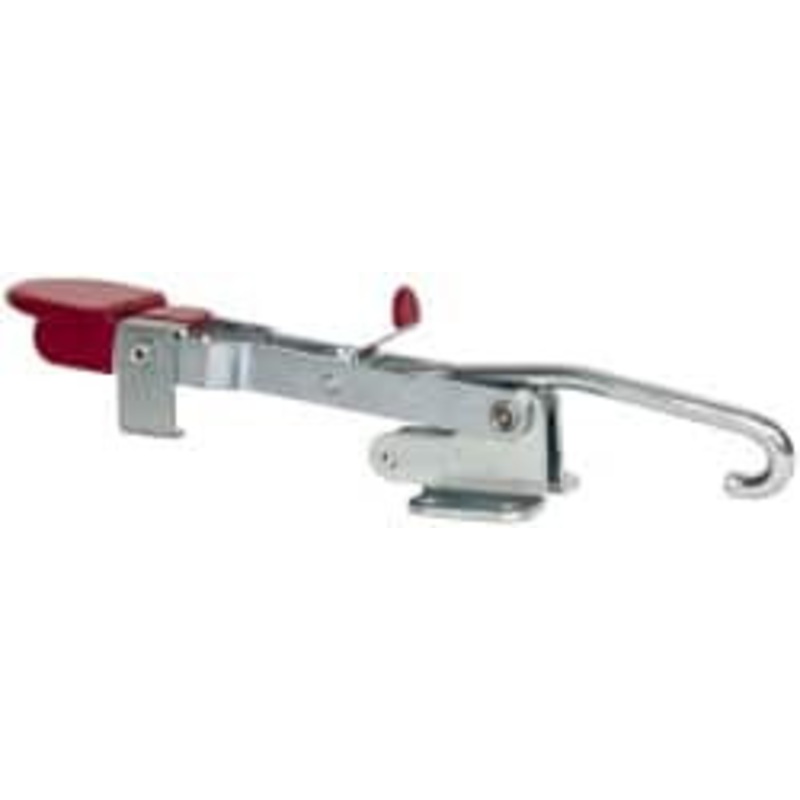 Destaco 750 Lb Capacity, Horizontal, J Hook, Flanged Base, Carbon Steel Pull Action Latch Clamp 5.38 Drawing Movement, 12.74 OAL, Thumb Handle 371-R – 03583861