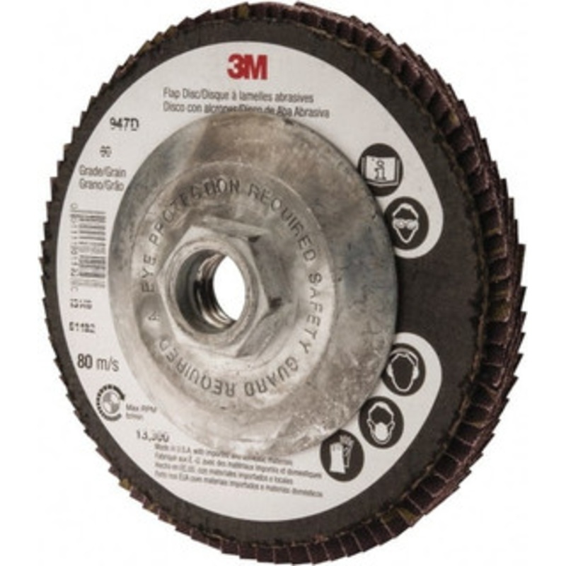 3M 4-1/2 60 Grit 5/8-11 Center Hole Type 27 Ceramic Flap Disc Medium Grade, Coated, Arbor Attachment, Cloth Backing, 13,300 RPM 7100081975 – 05072681