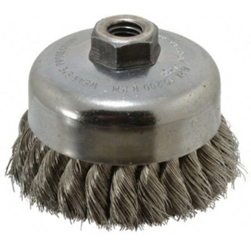 Weiler Abrasives 4 Diam 5/8-11 Threaded Arbor Stainless Steel Fill Cup Brush Knotted Wire, 0.014 Wire Diam, 1-1/4 Trim, 9,000 Max RPM 12406 – 75847103