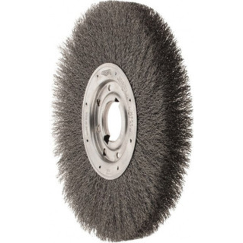 Osborn 12 OD, 2 Arbor Hole, Crimped Steel Wheel Brush 1-1/8 Face Width, 3 Trim Length, 0.014 Filament Diam, 3,000 RPM 0002244400 – 06081335