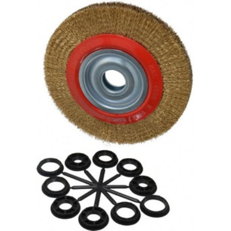 Value Collection 8 OD, 1-1/4 Arbor Hole, Crimped Brass-Coated Steel Wheel Brush 1 Face Width, 1-11/32 Trim Length, 0.012 Filament Diam, 4,500 RPM S04064812 – 04064812