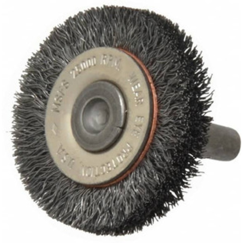 Osborn 1-1/2 OD, 1/4 Shank Diam, Crimped Steel Wheel Brush 3/8 Face Width, 9/32 Trim Length, 0.008 Filament Diam, 25,000 RPM 0001143300 – 06082028