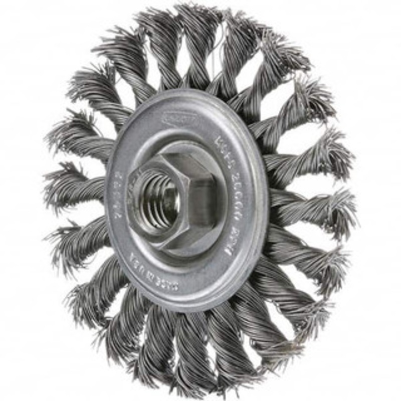 Osborn 4 OD, 3/8-24 Arbor Hole, Knotted Stainless Steel Wheel Brush 7/8 Trim Length, 0.014 Filament Diam, 20,000 RPM 0002637700 – 53494407