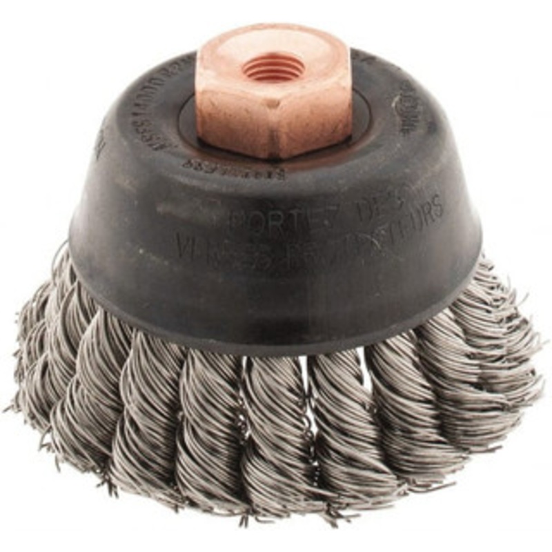 Osborn 2-3/4 Diam 3/8-24 Threaded Arbor Stainless Steel Fill Cup Brush Knotted Wire, 0.02 Wire Diam, 14,000 Max RPM 0003357100 – 00221820