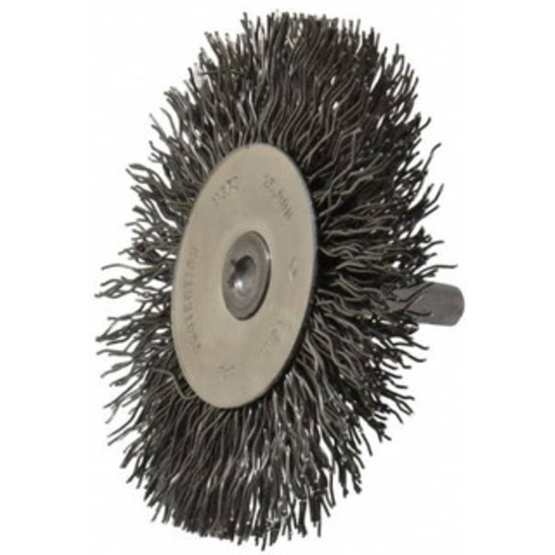 Osborn 3 OD, 1/4 Shank Diam, Crimped Steel Wheel Brush 7/16 Face Width, 3/4 Trim Length, 0.02 Filament Diam, 25,000 RPM 0001144400 – 06082135