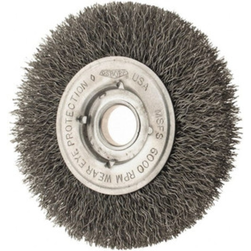 Osborn 4 OD, 1/2 & 5/8 Arbor Hole, Crimped Steel Wheel Brush 5/8 Face Width, 13/16 Trim Length, 0.0104 Filament Diam, 6,000 RPM 0002140100 – 06081525