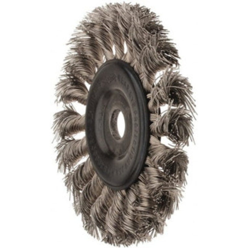 Osborn 4 OD, 1/2 Arbor Hole, Knotted Stainless Steel Wheel Brush 5/16 Face Width, 7/8 Trim Length, 0.014 Filament Diam, 20,000 RPM 0002675700 – 06083133
