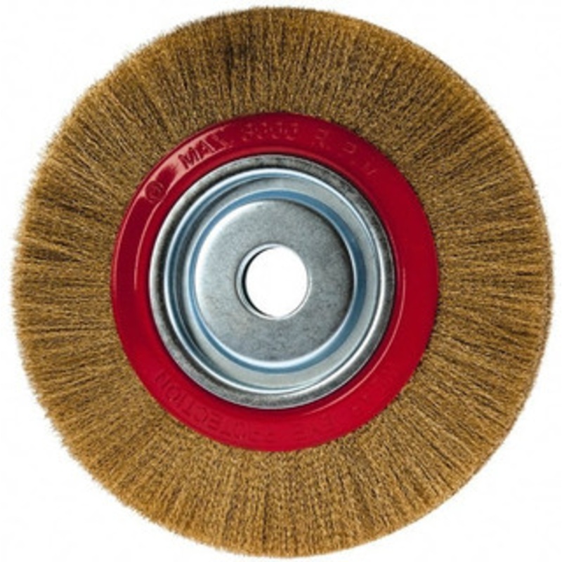 Value Collection 10 OD, 1-1/4 Arbor Hole, Crimped Brass-Coated Steel Wheel Brush 1 Face Width, 1-15/32 Trim Length, 0.007 Filament Diam, 3,000 RPM S04064978 – 04064978