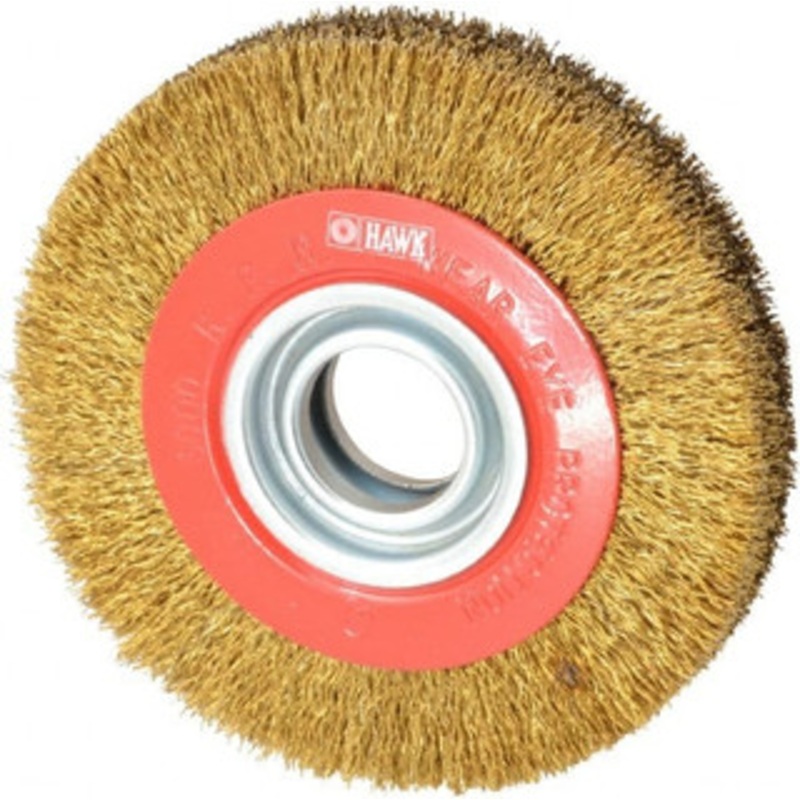 Value Collection 6 OD, 1-1/4 Arbor Hole, Crimped Brass-Coated Steel Wheel Brush 1 Face Width, 1-1/8 Trim Length, 0.014 Filament Diam, 6,000 RPM S04064630 – 04064630