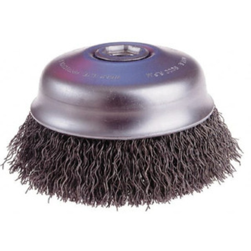 Osborn 3-1/2 Diam 5/8-11 Threaded Arbor Steel Fill Cup Brush Crimped Wire, 0.006 Wire Diam, 1 Trim, 7,500 Max RPM 0003204000 – 00221366