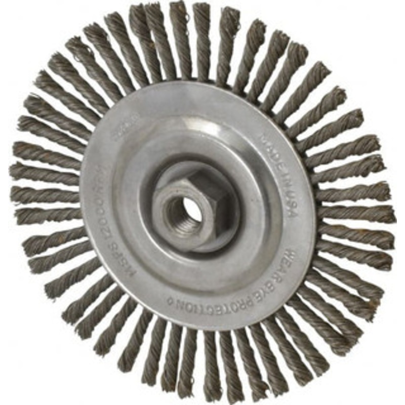 Osborn 6-1/2 OD, 5/8-11 Arbor Hole, Knotted Steel Wheel Brush 1/4 Face Width, 1-7/32 Trim Length, 0.02 Filament Diam, 12,000 RPM 0002604800 – 53493458
