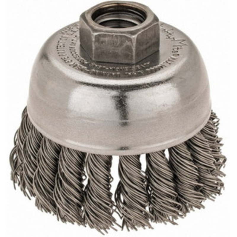 Weiler Abrasives 2-3/4 Diam 5/8-11 Threaded Arbor Steel Fill Cup Brush Knotted Wire, 0.02 Wire Diam, 7/8 Trim, 14,000 Max RPM 94687 – 03597879