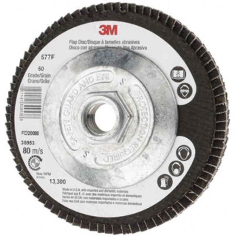 3M 4-1/2 60 Grit 5/8-11 Center Hole Type 27 Zirconia Alumina Flap Disc Medium Grade, Coated, Arbor Attachment, Cloth Backing, 13,300 RPM 7010327318 – 78936689