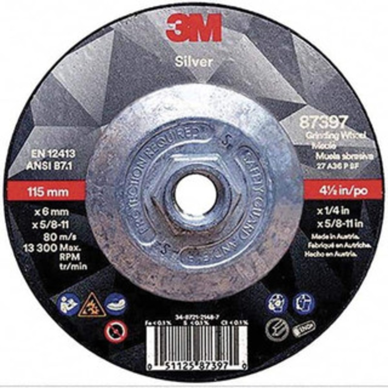 3M Depressed-Center Wheels, Wheel Diameter (Inch): 4-1/2, Wheel Thickness (Decimal Inch): 0.2500, Grade: Coarse/Extra Coarse, Hole Size (Inch): 5/8, Connector Type: Eyelet, Wheel Type Number: Type 27 7010362237 – 45991908