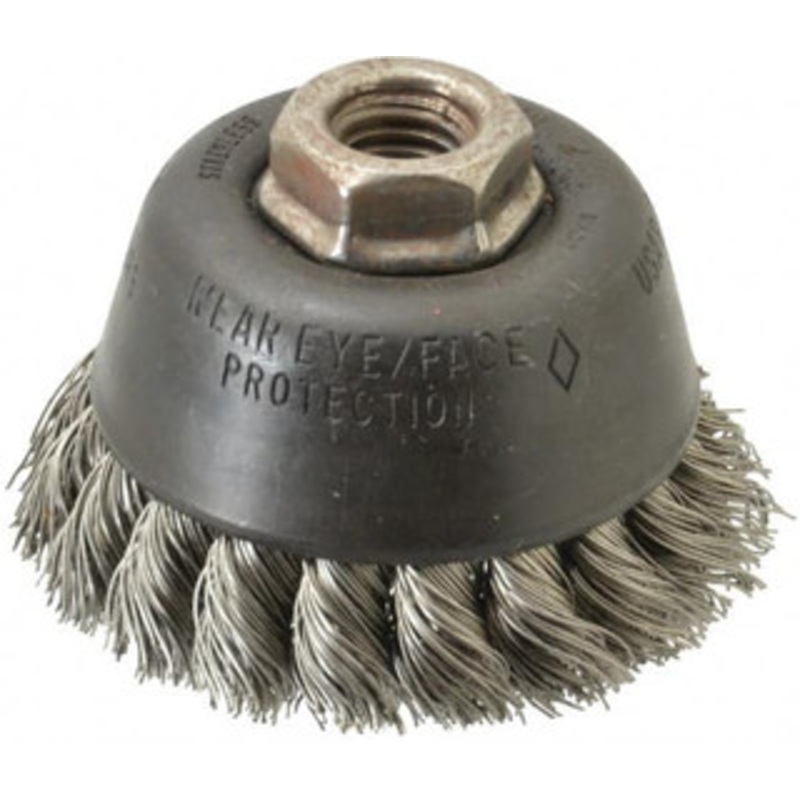 Osborn 3-1/2 Diam 5/8-11 Threaded Arbor Stainless Steel Fill Cup Brush Knotted Wire, 0.02 Wire Diam, 7/8 Trim, 14,000 Max RPM 0003300100 – 00221887