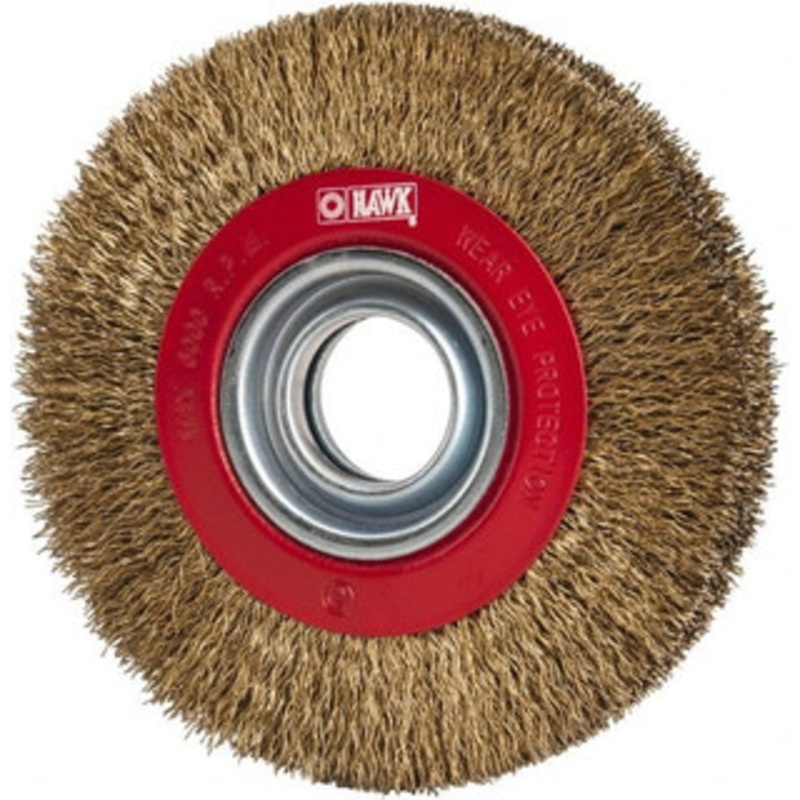 Value Collection 6 OD, 1-1/4 Arbor Hole, Crimped Brass-Coated Steel Wheel Brush 11/16 Face Width, 1-1/8 Trim Length, 0.014 Filament Diam, 6,000 RPM S04064622 – 04064622