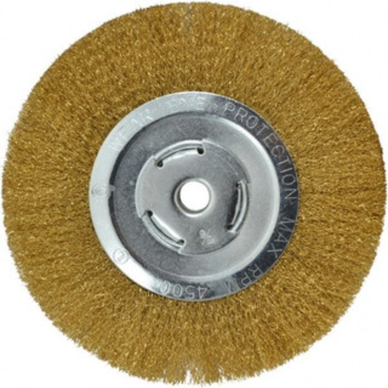 Value Collection 8 OD, 5/8 Arbor Hole, Crimped Brass Wheel Brush 1/2 Face Width, 1-3/4 Trim Length, 0.008 Filament Diam, 4,500 RPM 0320012320 – 74039017