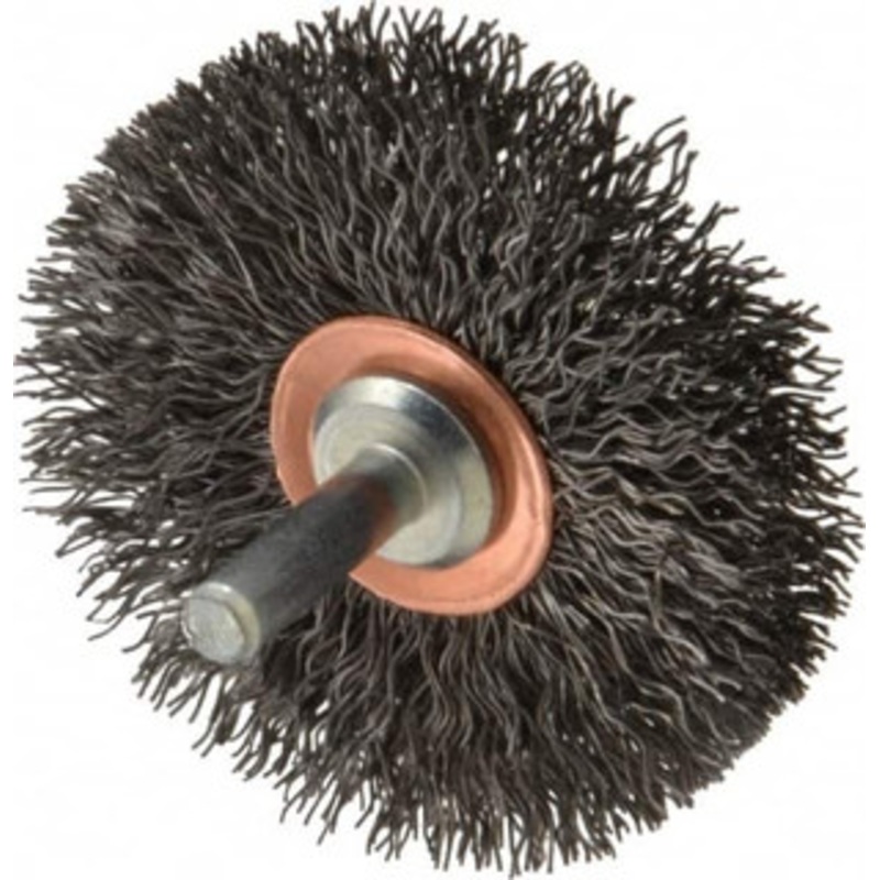 Weiler Abrasives 2-1/2 OD, 1/4 Shank Diam, Crimped Steel Wheel Brush 3/8 Face Width, 3/4 Trim Length, 0.014 Filament Diam, 20,000 RPM 17614 – 75849885