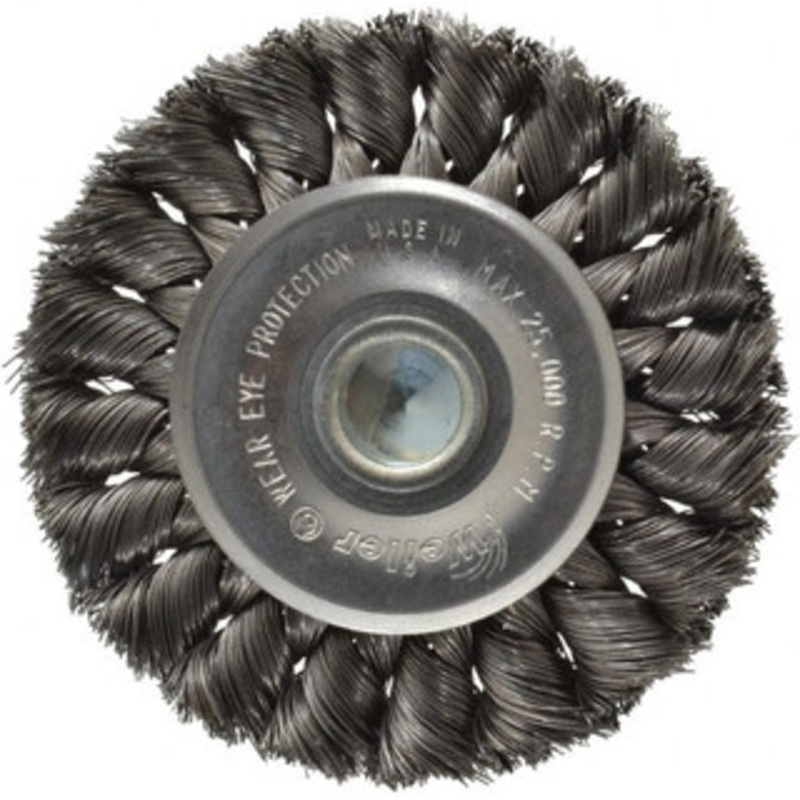Weiler Abrasives 3-1/4 OD, 1/4 Shank Diam, Knotted Steel Wheel Brush 3/8 Face Width, 5/8 Trim Length, 0.0118 Filament Diam, 25,000 RPM 17680 – 75850016