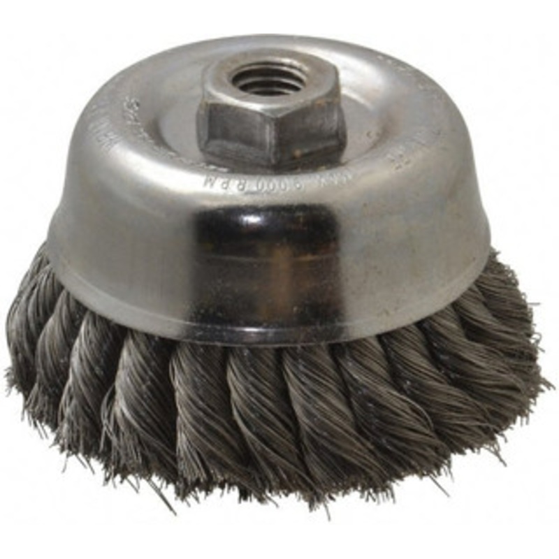 Weiler Abrasives 4 Diam 5/8-11 Threaded Arbor Steel Fill Cup Brush Knotted Wire, 0.014 Wire Diam, 1-3/8 Trim, 9,000 Max RPM 12756 – 75847236