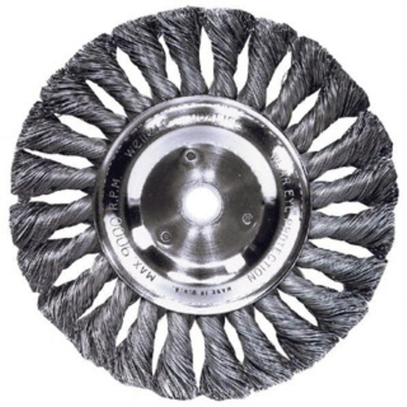 Weiler Abrasives 4 OD, M10x1.25 Arbor Hole, Knotted Steel Wheel Brush 1/2 Face Width, 7/8 Trim Length, 0.014 Filament Diam, 20,000 RPM 94634 – 03597093