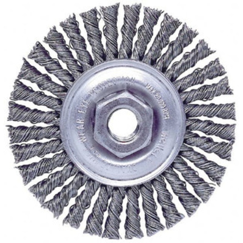 Weiler Abrasives 4 OD, M10x1.25 Arbor Hole, Knotted Steel Wheel Brush 3/16 Face Width, 7/8 Trim Length, 0.02 Filament Diam, 20,000 RPM 94648 – 03597234