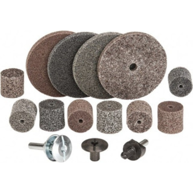 3M 14 Piece Deburring Kit 1 & 3 Diam Unitized Wheels in Fine, Medium & Coarse Grades, 1/4 Inch Shank Diam, Aluminum Oxide, Silicon Carbide, Mandrel Connection, Shank Included 7000120830 – 01176106