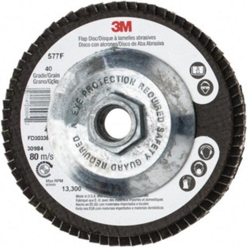 3M 4-1/2 40 Grit 5/8-11 Center Hole Type 29 Zirconia Alumina Flap Disc Coarse Grade, Coated, Arbor Attachment, Cloth Backing, 13,300 RPM 7010363154 – 71370050