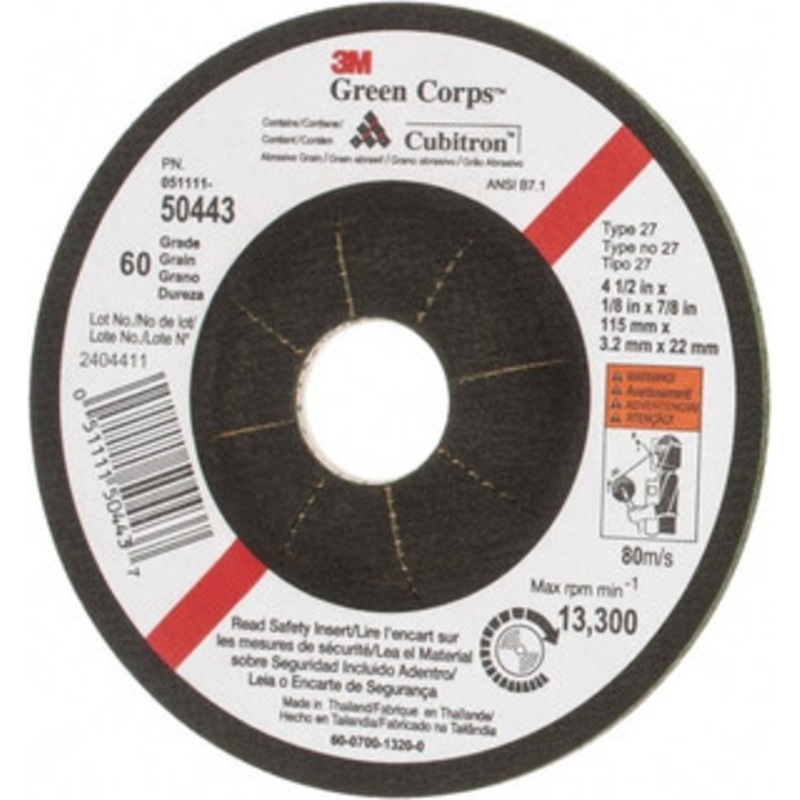 3M 60 Grit, 4-1/2 Wheel Diam, 1/8 Wheel Thickness, 7/8 Arbor Hole, Type 27 Depressed Center Wheel Ceramic, 13,300 Max RPM 7000118592 – 78244076