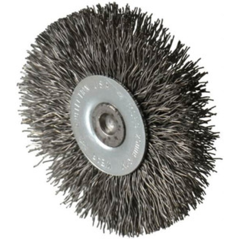 Osborn 2-1/2 OD, 1/4 Shank Diam, Crimped Steel Wheel Brush 7/16 Face Width, 11/16 Trim Length, 0.014 Filament Diam, 25,000 RPM 0001144000 – 06082093