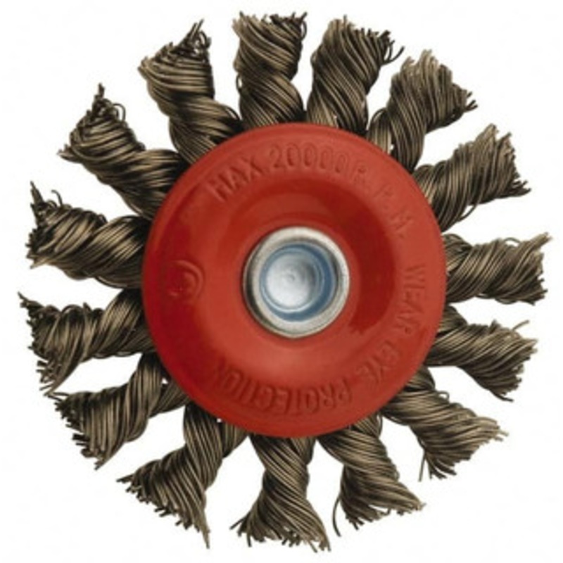 Value Collection 12 OD, 1-1/4 Arbor Hole, Knotted Steel Wheel Brush 11/16 Face Width, 1-13/16 Trim Length, 0.012 Filament Diam, 3,600 RPM S00652099 – 00652099
