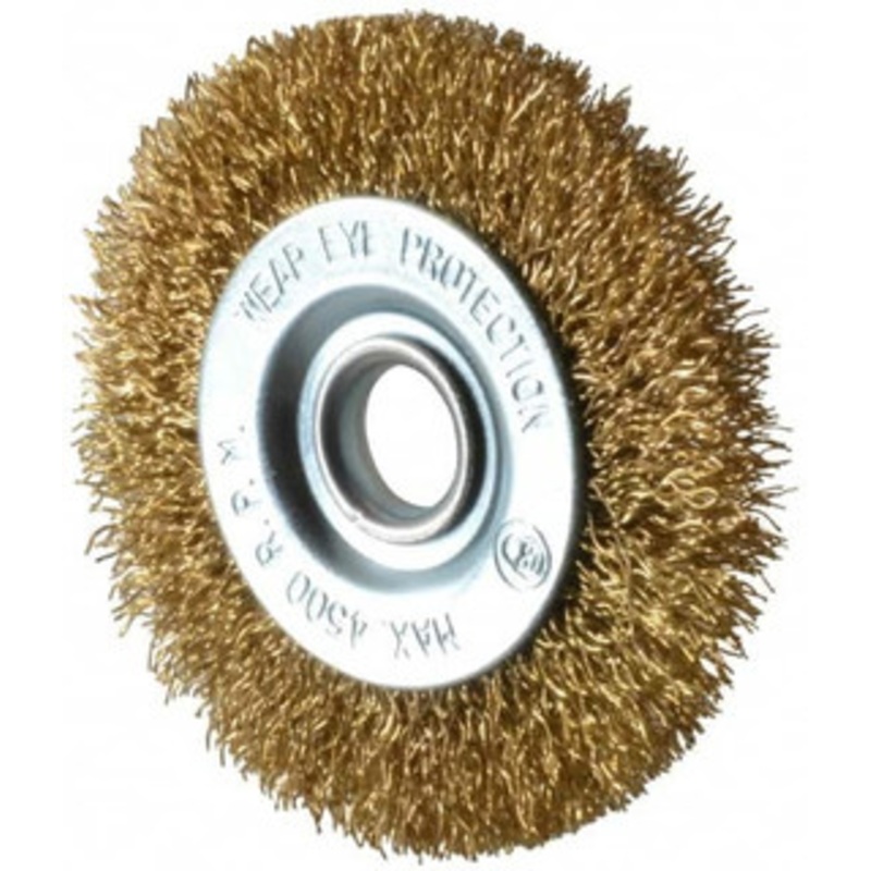 Value Collection 3 OD, 1/2 Arbor Hole, Crimped Brass-Coated Steel Wheel Brush 3/8 Face Width, 5/8 Trim Length, 0.012 Filament Diam, 4,500 RPM S04065066 – 04065066