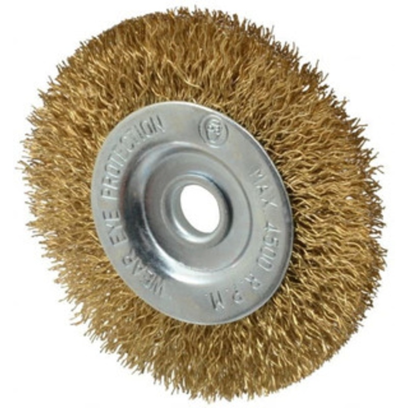Value Collection 3 OD, 3/8 Arbor Hole, Crimped Brass-Coated Steel Wheel Brush 3/8 Face Width, 5/8 Trim Length, 0.012 Filament Diam, 4,500 RPM S04065041 – 04065041