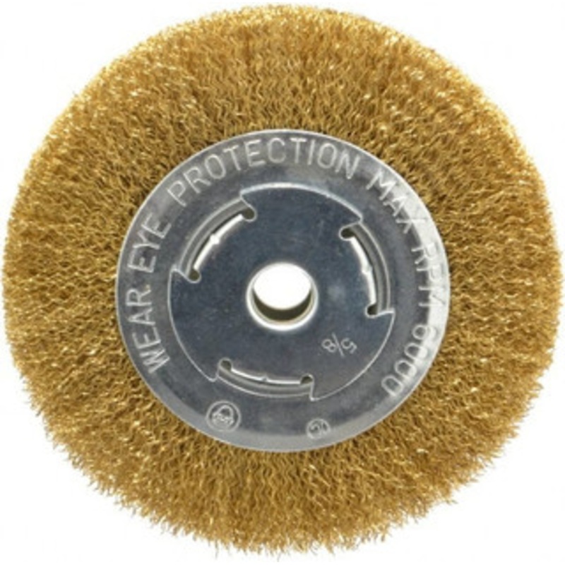 Value Collection 6 OD, 5/8 Arbor Hole, Crimped Brass Wheel Brush 1/2 Face Width, 1-1/8 Trim Length, 0.014 Filament Diam, 6,000 RPM 0315012335 – 74038910
