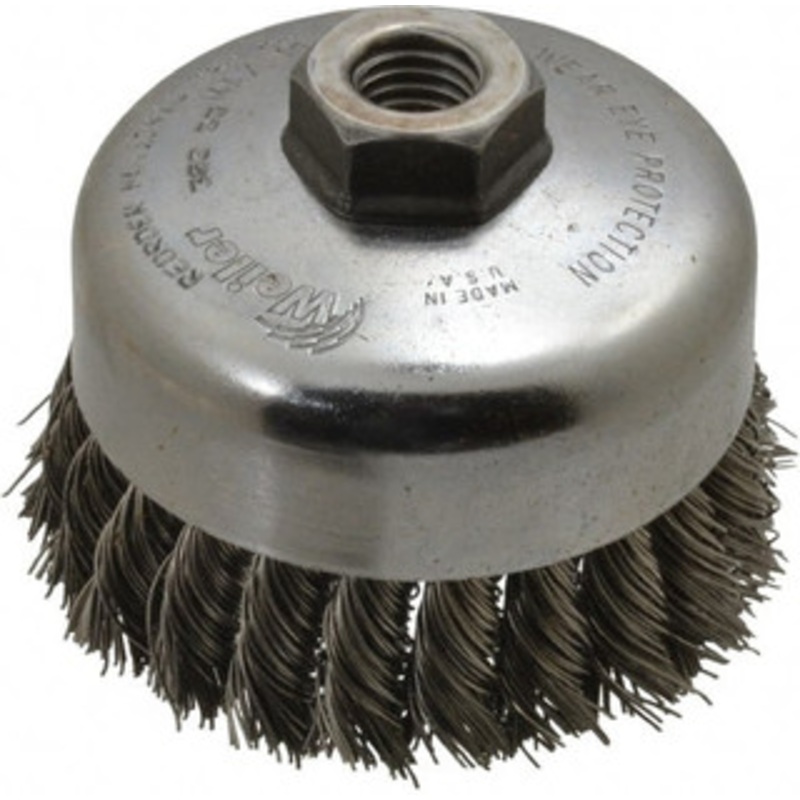 Weiler Abrasives 4 Diam 5/8-11 Threaded Arbor Stainless Steel Fill Cup Brush Knotted Wire, 0.023 Wire Diam, 1-1/4 Trim, 9,000 Max RPM 94700 – 03598000