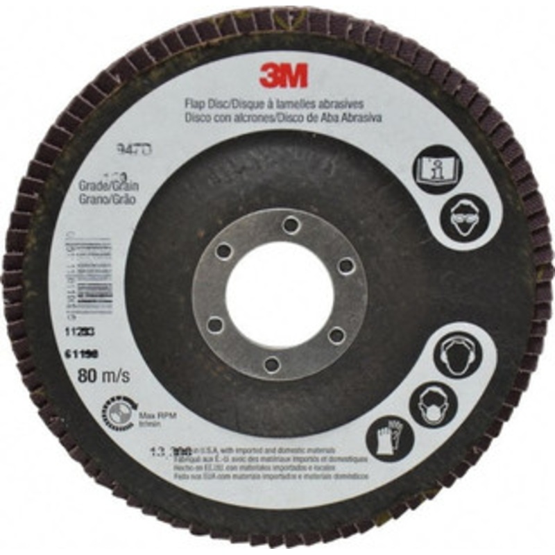 3M 4-1/2 120 Grit 7/8 Center Hole Type 27 Ceramic Flap Disc Fine Grade, Coated, Arbor Attachment, Cloth Backing, 13,300 RPM 7010359901 – 05072665