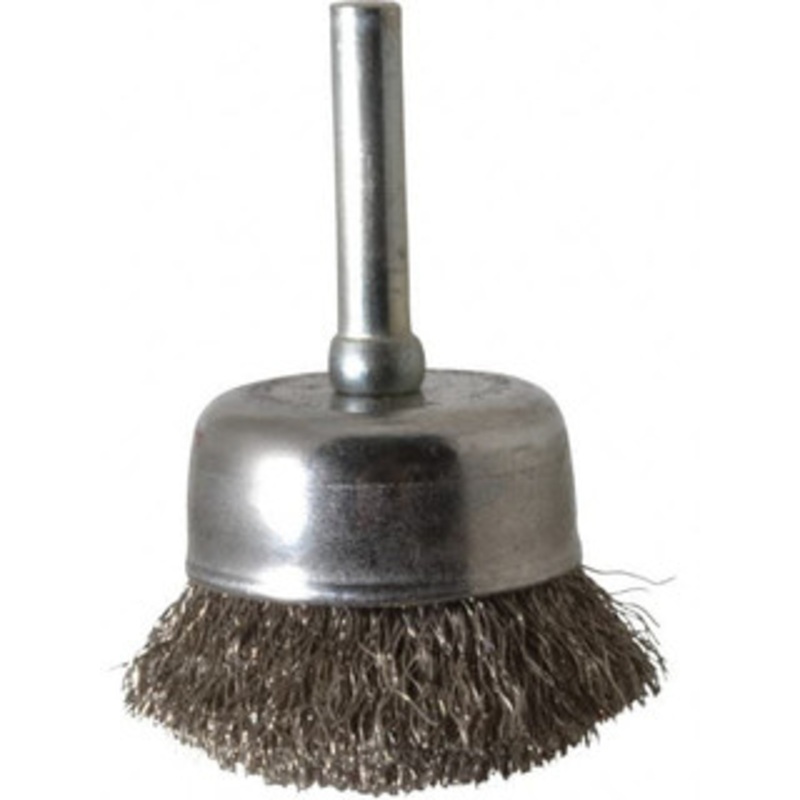 Made in USA 1-3/4 Diam 1/4 Shank Stainless Steel Fill Cup Brush Crimped Wire, 0.008 Wire Diam, 3/4 Trim, 13,000 Max RPM PB33360 – 03541323