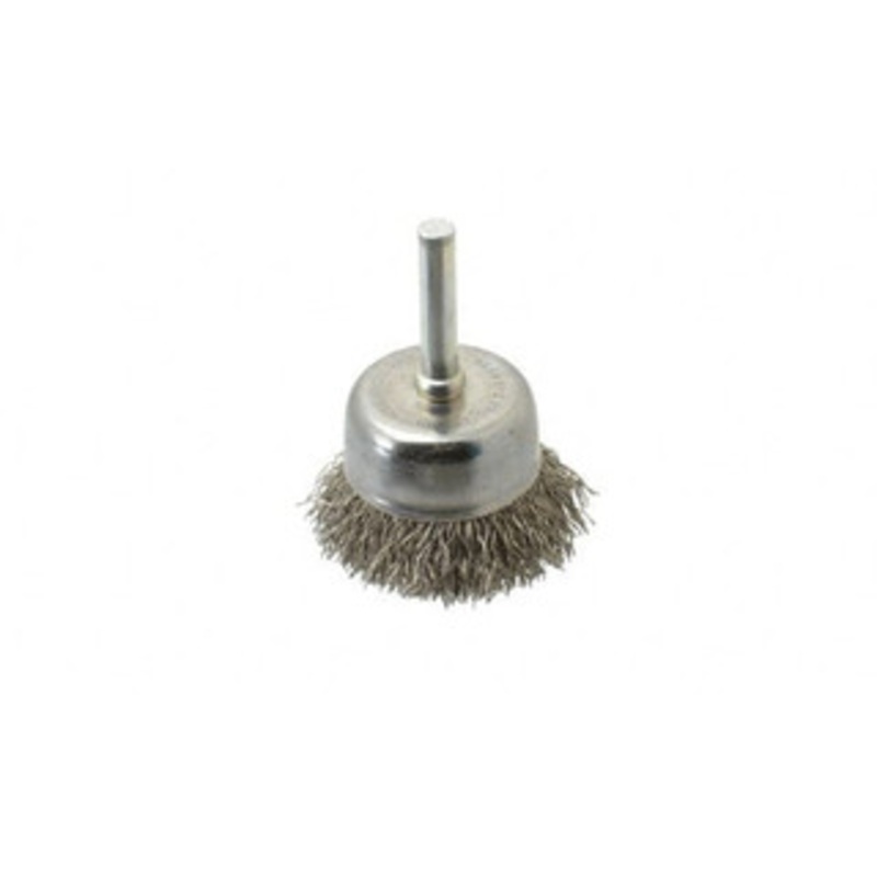 Made in USA 1-3/4 Diam 1/4 Shank Stainless Steel Fill Cup Brush Crimped Wire, 0.014 Wire Diam, 3/4 Trim, 13,000 Max RPM PB33420 – 03541380