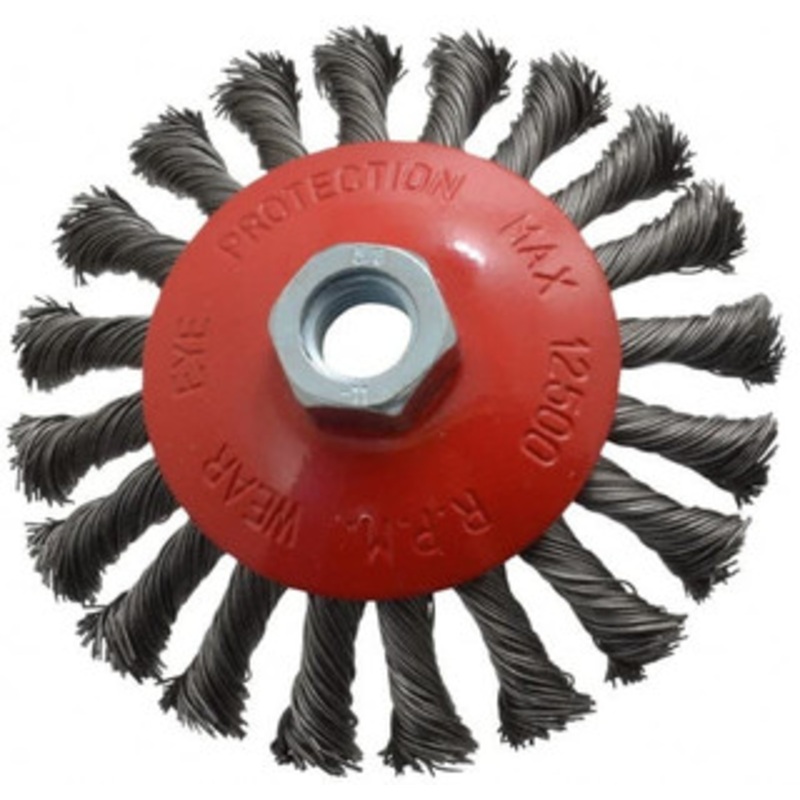 Value Collection 4-9/16 OD, 5/8-11 Arbor Hole, Knotted Steel Wheel Brush 9/16 Face Width, 7/8 Trim Length, 0.015 Filament Diam, 12,500 RPM S00651885 – 00651885