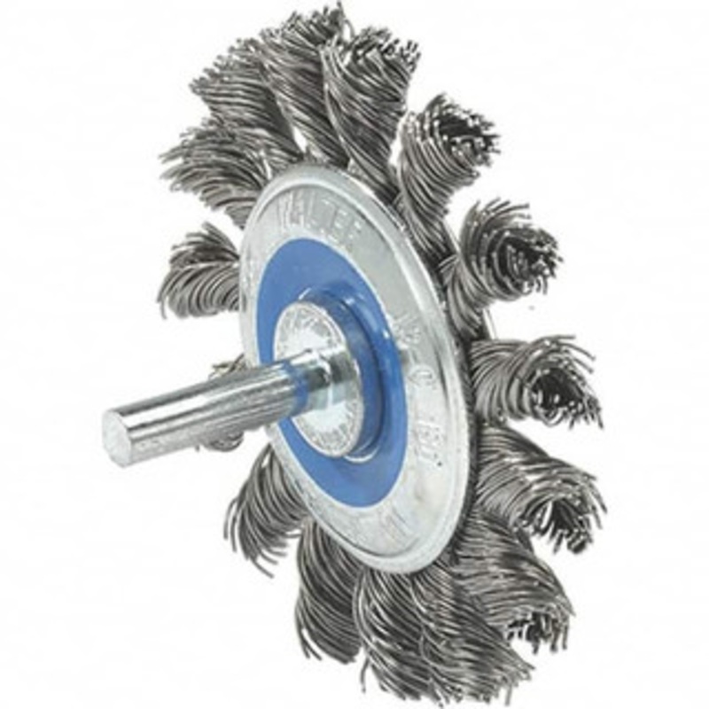 Walter Surface Technologies 2-3/4 OD, 1/4 Shank Diam, Knotted Steel Wheel Brush 3/8 Face Width, 0.02 Filament Diam, 25,000 RPM 13C130 – 43318203